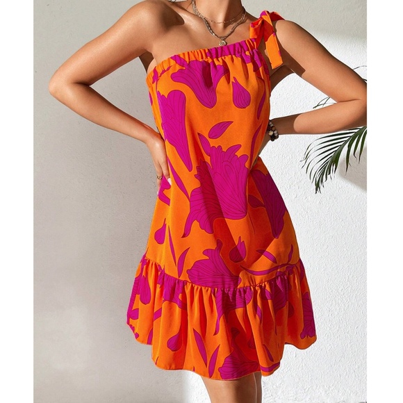 Maternity Vibrant Floral Print One Shoulder Ruffle Hem Mini Dress - Picture 2 of 8